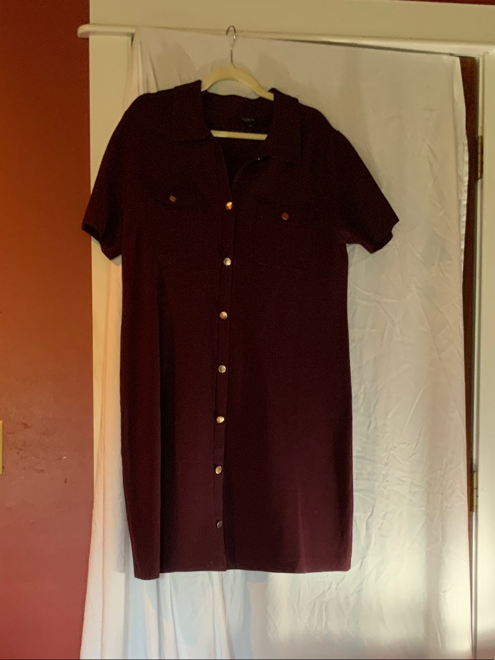 Talbots Short-Sleeve Button-Front Dress in Deep Burgundy